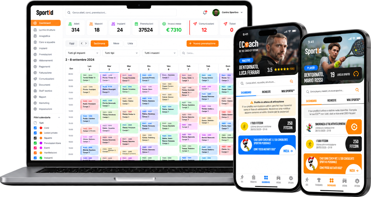 Mockup ufficiale SportID: piattaforma Manager su computer e app Coach e Player su smartphone